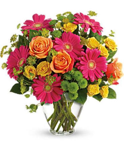 <div id="mark-3" class="m-pdp-tabs-marketing-description">Encourage someone to follow their rainbow with this bright, vivacious bouquet. Featuring hot pink gerbera daisies and orange roses, the youthful arrangement pops with summery fun!</div>
<div id="desc-3">
<ul>
 	<li>Hot pink gerbera, bi-color orange roses, orange spray roses, green button mums and bupleurum are presented in a clear glass vase.</li>
</ul>
</div>