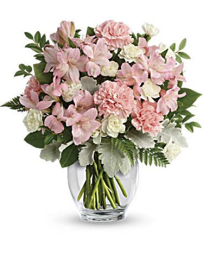 <p>In the prettiest shade of whisper-soft pink, this breathtaking bouquet proclaims your affection in a most powerful way!<br />
This delicate arrangement includes pink alstroemeria, pink carnations, white miniature carnations, dusty miller, huckleberry, leatherleaf fern, and lemon leaf.</p>