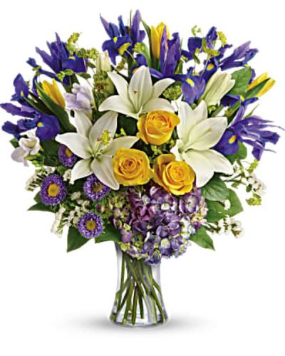 <div id="mark-3" class="m-pdp-tabs-marketing-description">Inspired by the sky on a bright spring day, this glorious bouquet of luxurious purple, yellow, white and blue blooms is a breath of fresh air! The grand gift is gathered in a graceful glass vase.</div>
<p>&nbsp;</p>
<div id="desc-3">
<ul>
<li>Purple hydrangea, yellow roses, yellow tulips, white asiatic lilies, blue iris, lavender freesia, and lavender matsumoto asters are arranged with white sinuata statice, bupleurum, and lemon leaf.c</li>
</ul>
</div>