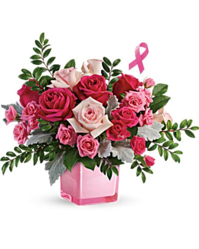 <p>Pink is power! This beautiful, lush bouquet features roses in every shade of pink and is hand-arranged in a gorgeous pink cube. Send this bouquet as a thoughtful gift and also give a gift for others!<br />
The incredible bouquet includes pink roses and spray roses accented with assorted greenery.</p>