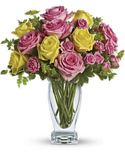 <div id="mark-3" class="m-pdp-tabs-marketing-description">Pink lemonade, anyone? This stunning bouquet of pink and yellow roses adds an instant smile to anyone's face - especially when they notice the gorgeous Couture Vase they get to keep using for years to come!</div>
<p>&nbsp;</p>
<div id="desc-3">
<ul>
<li>Elegant pink and yellow roses are contrasted with green bupleurum and variegated pittosporum.</li>
</ul>
</div>